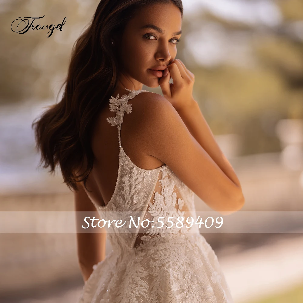 Traugel Elegant Sweetheart Appliques Lace Vintage Wedding Dresses Luxury Spaghetti Straps Beaded Court Train A Line Bridal Gown