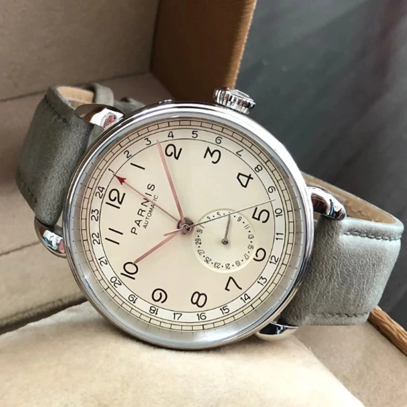 New Parnis 42mm Silver Case Arab Mark Date Window Leather Strap Men Automatic Mechanical Watch GMT Calendar Waterproof Men Watch