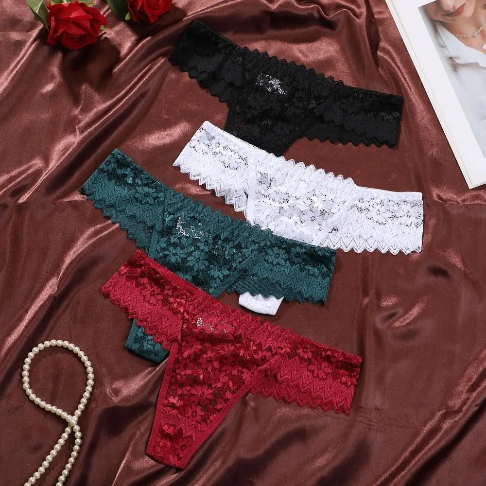 Sheer Lace Lace Flower Women Thong Underpants Transparent Sheer Mesh Lace Briefs Lingerie Hollow T-Back Panties Wedding Night