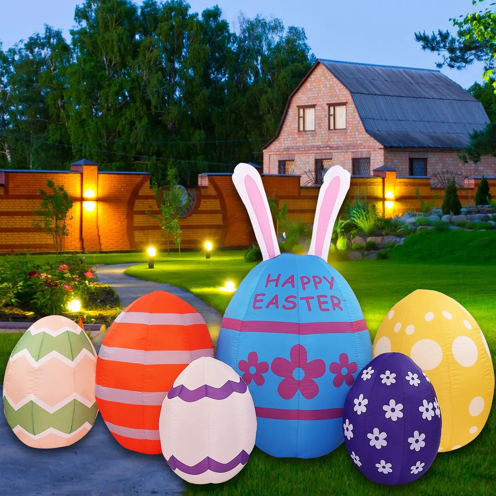 مناسبة للزينة القابلة للنفخ لعيد الفصح عبر الحدود 2.. 6 أمتار بيض مضيئة وستة زينة لإضاءة الحديقة