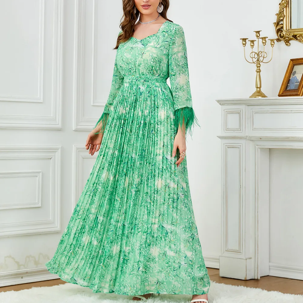 

Green Pink Printed Pleated Dress With Feather Decoration Muslim's Dresses Islam Casual Summer Robe Femme Musulmane 2024 Summer