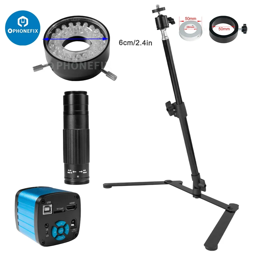 48MP 4K 1080P HDMI USB Industrial Video Microscope Camera 1-130X Zoom C Mount Lens and Photography Lighting Desktop Tripod Stand