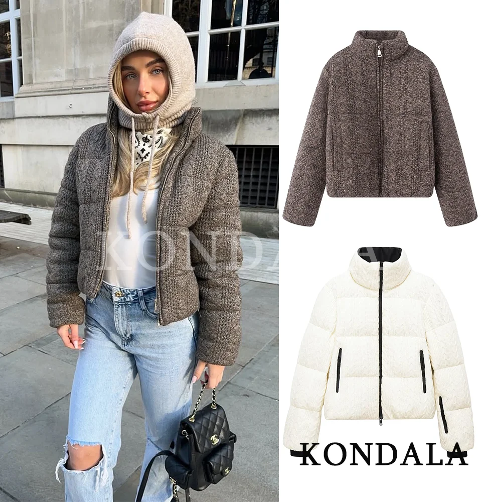 

Зимняя модная утепленная куртка KONDALA для женщин, винтажная вязаная куртка на молнии в стиле High Street, новая модная женская куртка с воротником-стойкой 2026 года