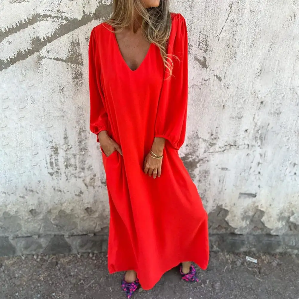 Summer Loose Dress for Women Solid Color V Neck Short Sleeve Casual Elegant Beach Long Dresses Holiday Vestidos Party