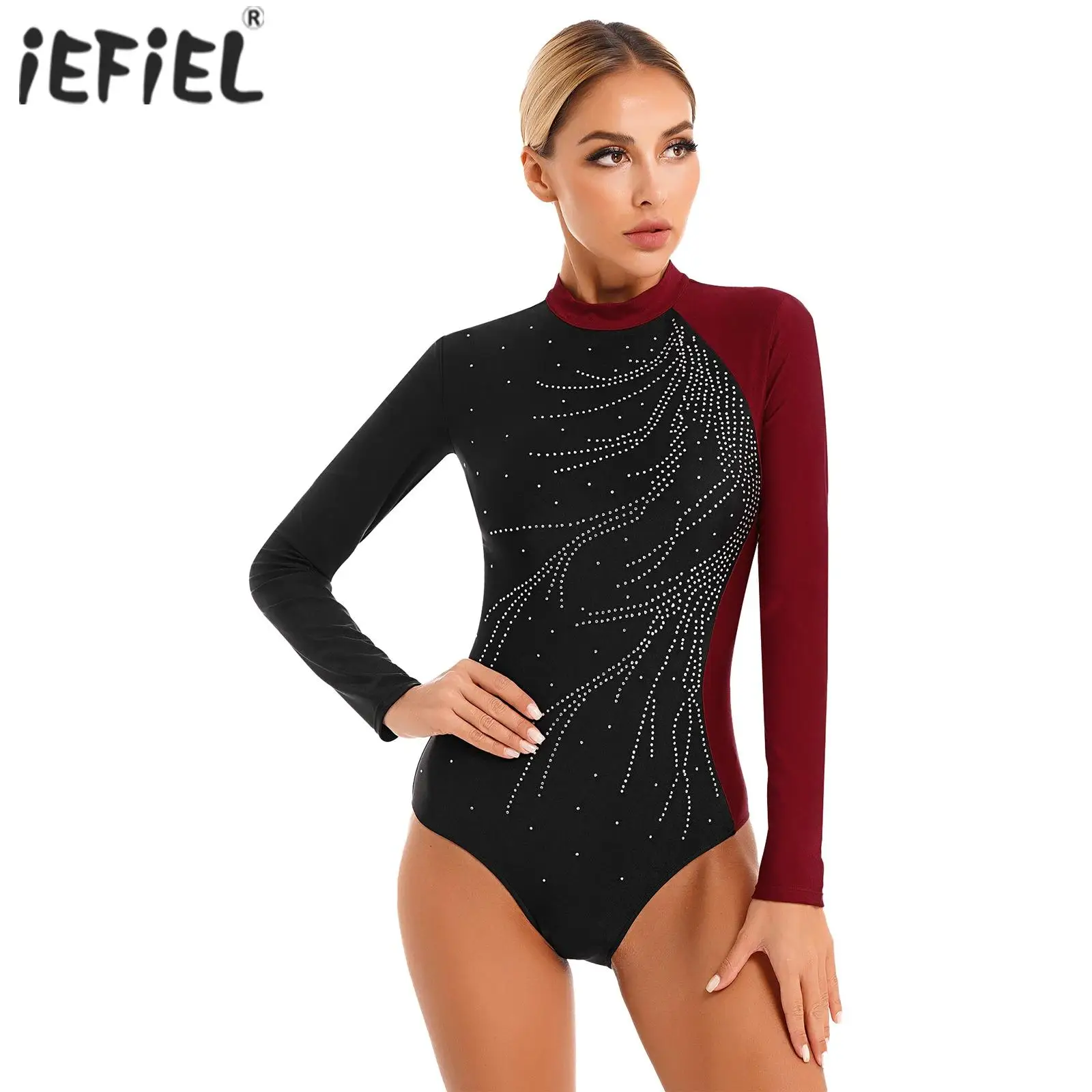 

Womens Glitter Rhinestone Gymnastics Artistic Skating Costume Ballet Leotards Mock Neck Bodysuit Ballet Unitards Dance Jumpsuit