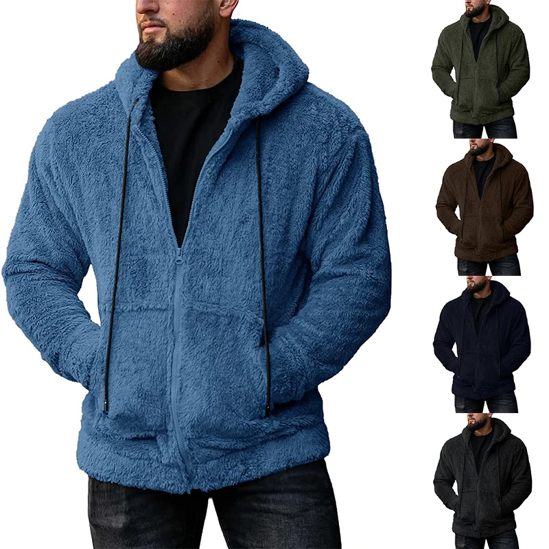 

Plush Hooded Cardigan Coat Long Sleeve Men's Color Jacket Polyester Fabric Winter Thickened Loose Fit Youth Sweatshirt