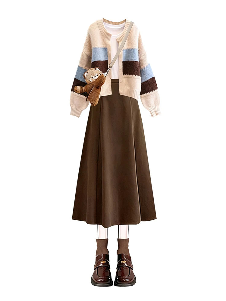 겨울 신상 부드러운 복숭아색 니트 오픈 가디건 탑 하이웨이스트 패치워크 티피스 세트 빈티지 하이웨이스트 스커트 화이트 티셔츠