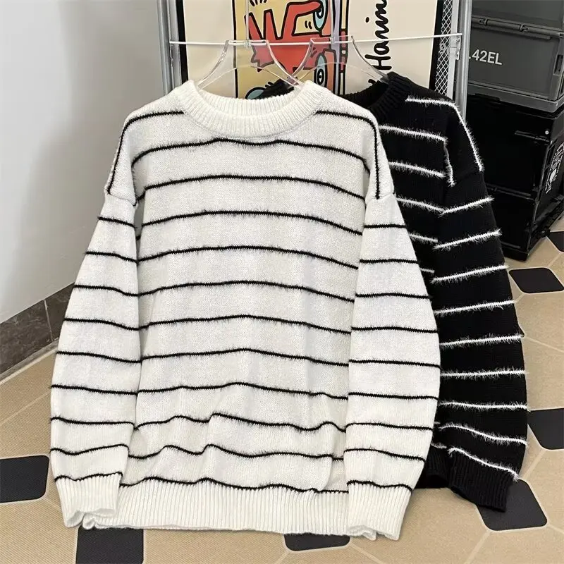 

Bla round Ne Striped Casual Trendy Men's Knitted Sweater Autumn New Sle Faionable Small ence Leisure Knitwear