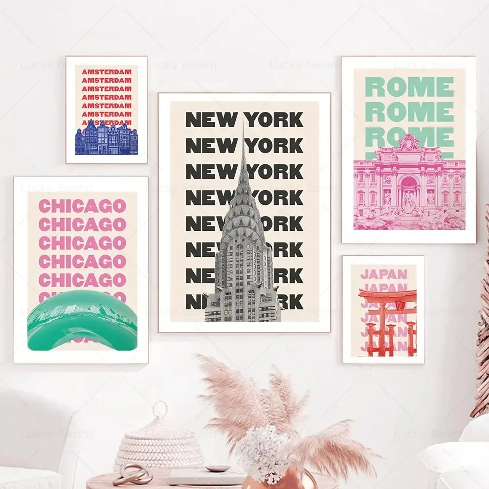 Trendy Travel Chicago New York San Francisco London Paris Rome Japan Amsterdam Berlin Egypt Miami Canvas Painting Room Decor