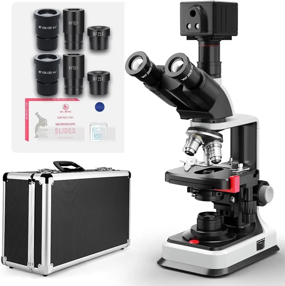 [듀얼 전원 공급] 실험실용 복합 5MP 카메라 삼안 현미경 40X-2500X 배율 및 무료 소프트웨어 캡처