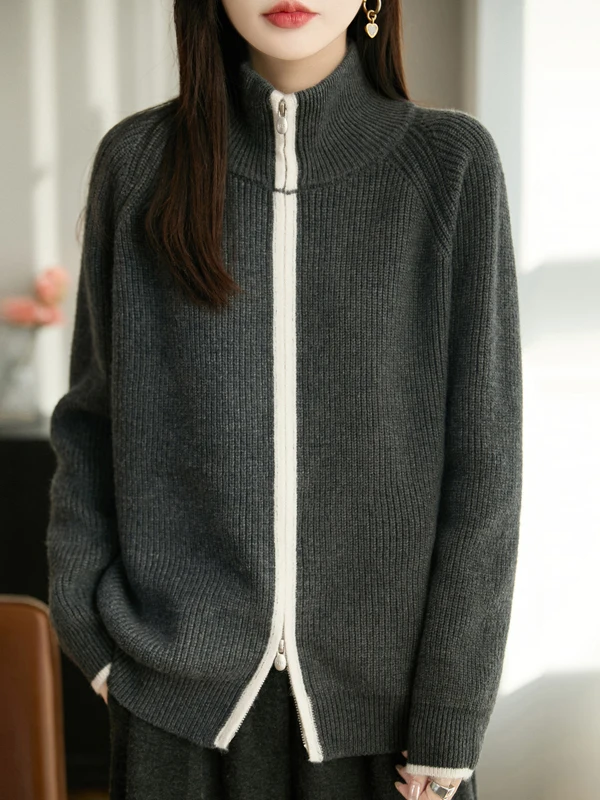 

Вязаный кардиган Ele с двойной молнией, утепленный, теплый, женский, осенне-зимний, модный, с высоким воротником, мягкий, длинный рукав