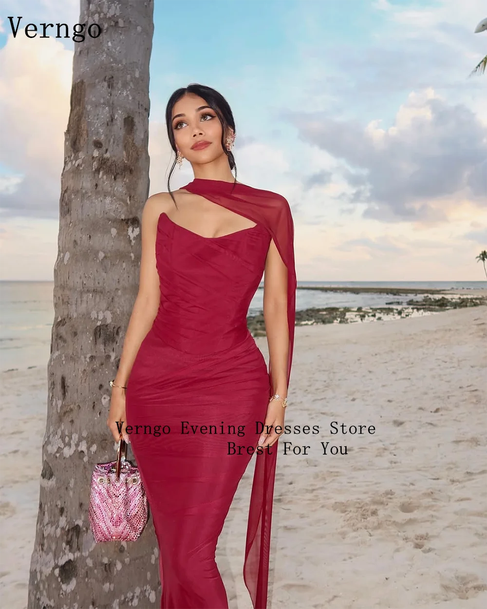 Verngo Elegant Dark Red Chiffon Evening Dress Strapless Mermaid Prom Party Dress Cape Maxi Slim Formal Occasion Dress Customized