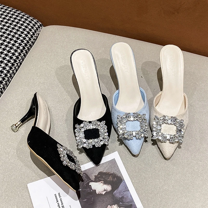 Summer New Korean Rhinestone Square Buckle Pointed Head Baotou Half Drag Fine Slippers with Women's Shoes