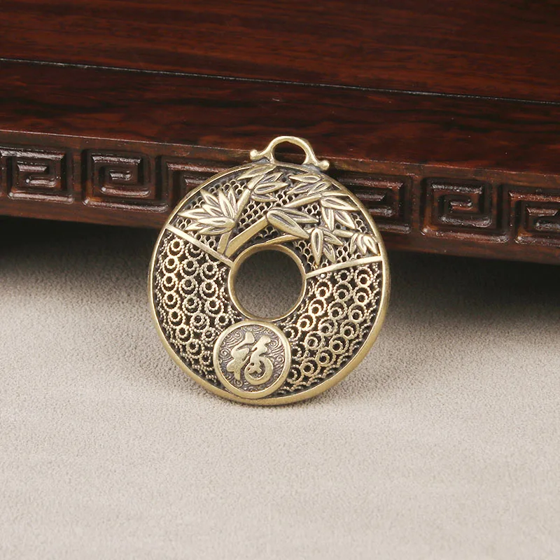 Vintage Brass Hollow Bamboo Blessing Safety Buckle Keychain Pendant Creative Lucky Hanging Ornament DIY Accessory Antique Copper