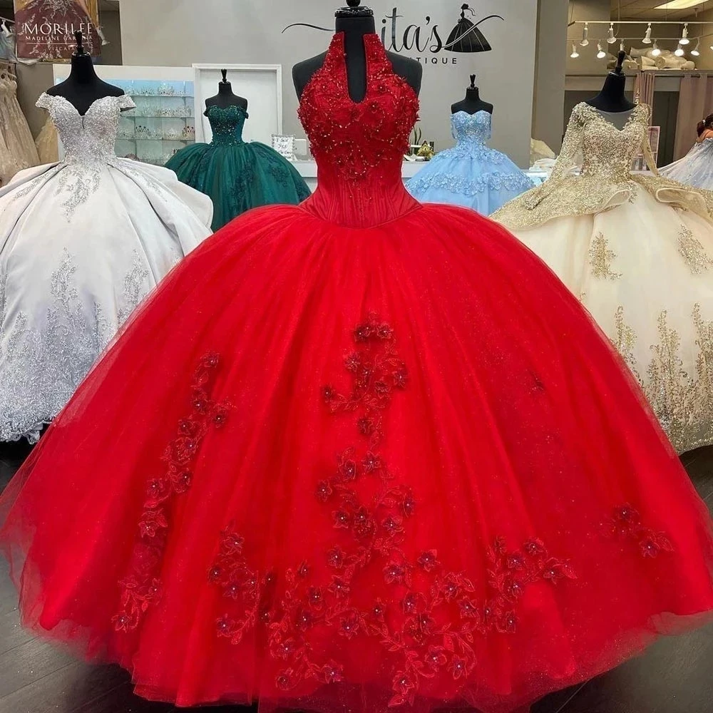 Real Photos Red Halter Ball Gown Quinceanera Dresses 2023 Mexican 3D Floral Patterned Lace Applique Corset Birthday Party Gowns