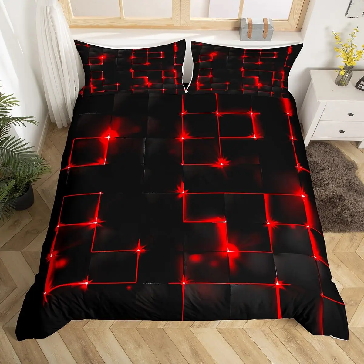 

Abstract King Duvet Cover Modern Geometric Grid Square Bedding Set Red and Black Neon Light Line Geometry Themed Quilt Cover