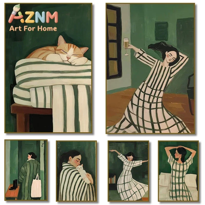 1PC--Dancing Girl with Champagne Poster Woman in Striped Coat Emerald Green Canvas Painting Print Wall Art Picture Room Home