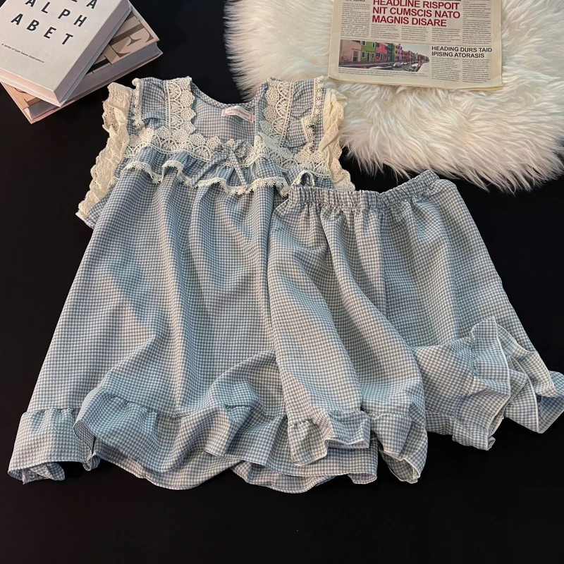 

New Summer Women's Spwear ort Sve Thin Pure Cotton Home Clothes Set Princ Blue Large Size Comfortable Breathable