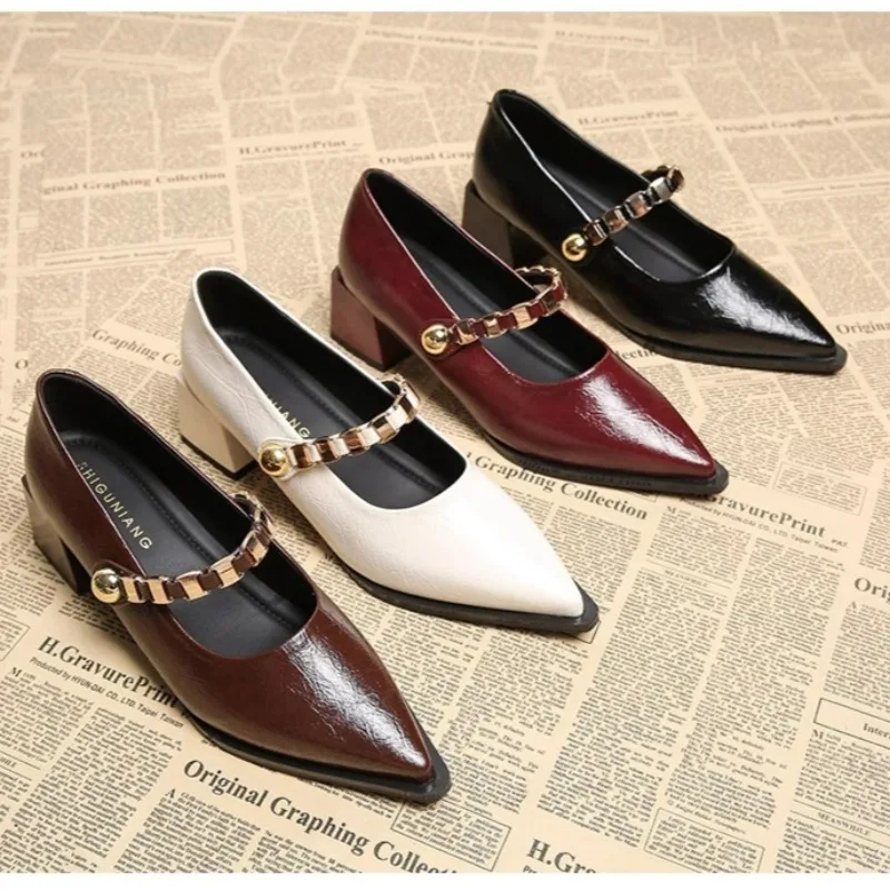 

Soft Leather Mary Jane 2025 New Fashion Pointed Toe High Heels Women's Spring Summer Match Skirts Chain Element Anti-Slip