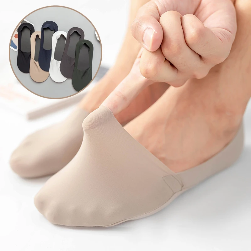 3 Pairs Summer Men Ice Silk Invisible Socks Set Low Cut Breathable Casual Solid Short Non-Slip Silicone Black No Show Socks Gift