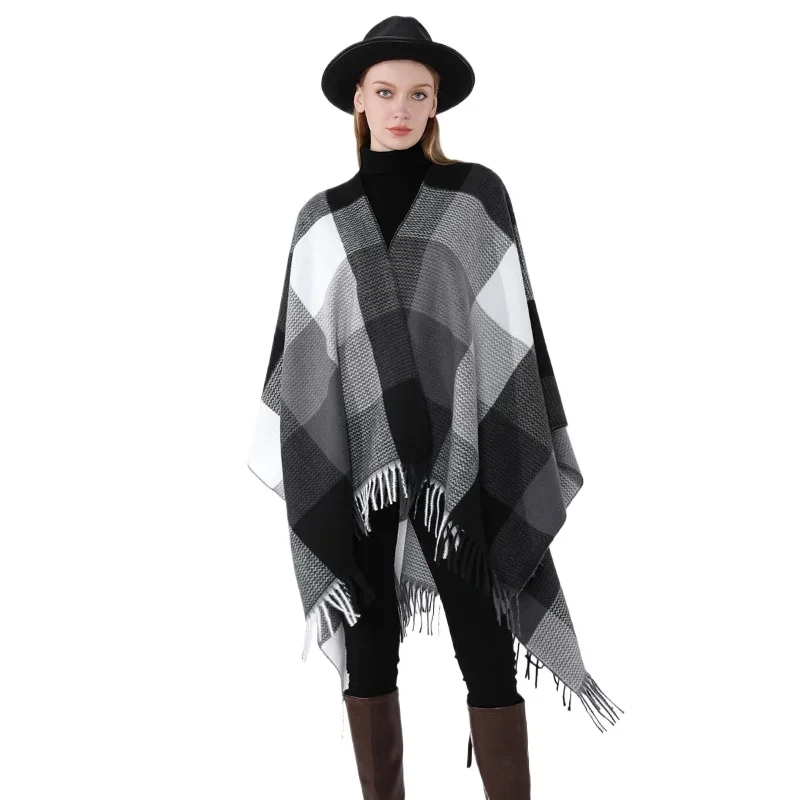 Luxury Brand Design Imitation Cashmere Poncho Women Autumn Winter Thermal Thick Chic Shawl Retro Tassel Scarf Female Soft Cape