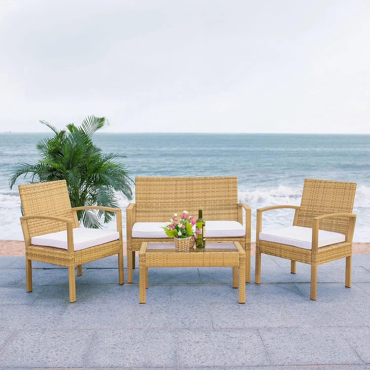 SAFAVIEH Outdoor Collection Bassey Natural/White Cushion 4-Piece Conversation Patio Set PAT7507D