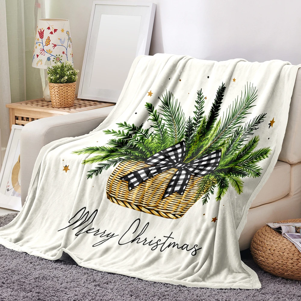 1PC Christmas Pine Branch and Plaid Bow Print Blanket-Made of soft, fluffy flannel, perfect for a sofa, bed or lounge chair. Ide