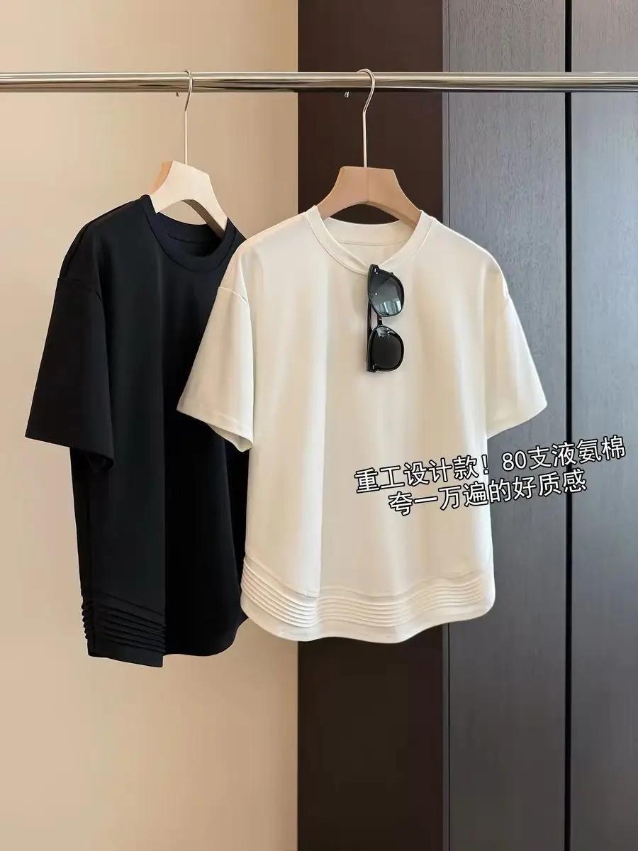 

Dave&di Long Staple Cotton Casual Commuting Temperament Round Neck Short Sleeved Black And White T-shirt Woman Clothes