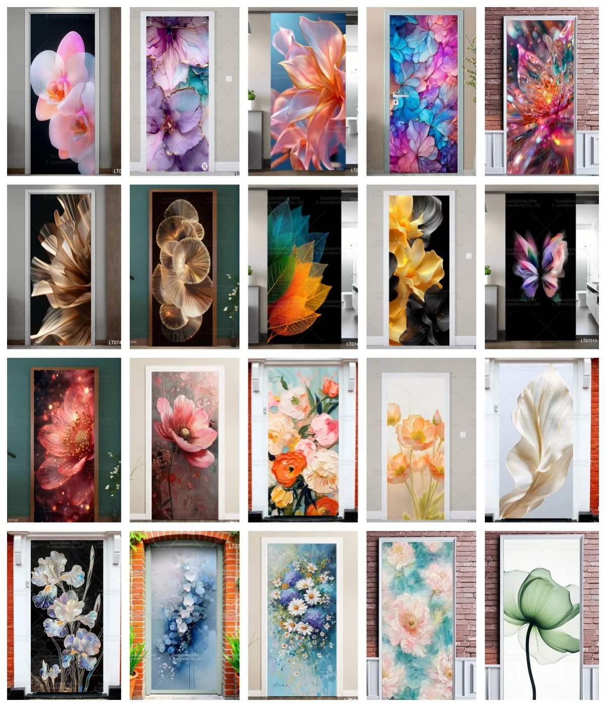 

Art Floral Door Sticker Self Adhesive Removable Watercolor Flower Door Wrap Peel and Stick Full Door Cover Decal for Home Decor