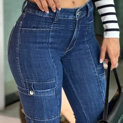 Women Y2K Cargo Pants Streetwear Slimming Jeans Female Casual Low Waist Denim Pants Blue Trousers Stretch Plus Size All Season