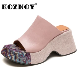 Koznoy 8cm Natural Cow Genuine Leather Women Wedge Platform Sandals Peep Toe Slippers Fashion Summer Embroidery Fashion Shoes