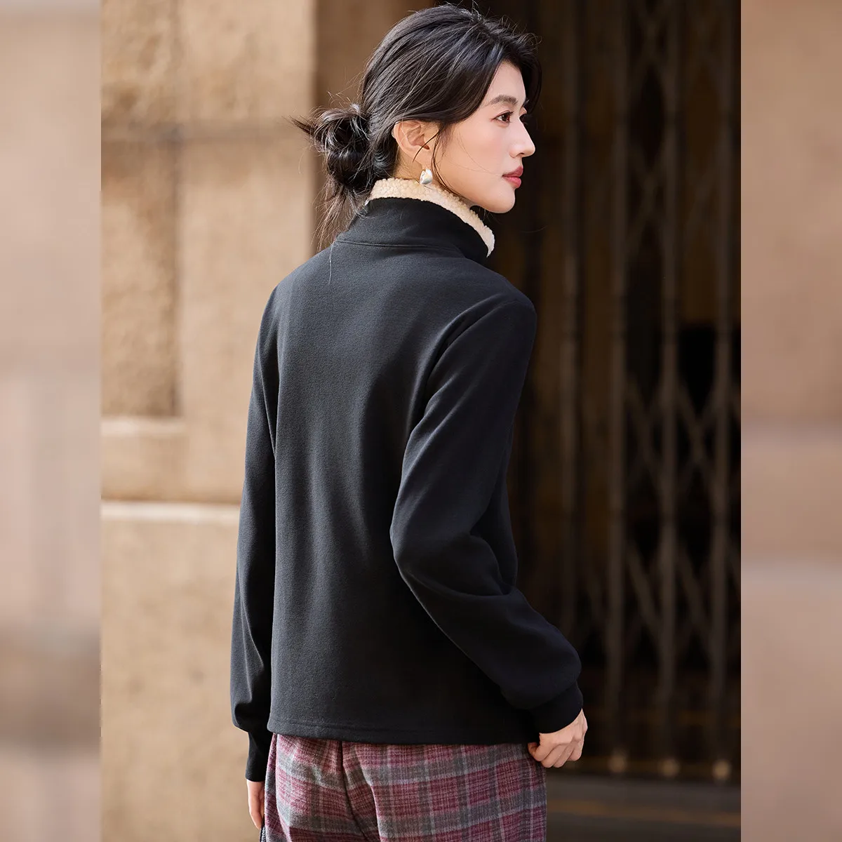 LOUIS YAO Knitted German Velvet Double sided Thick Hoodie 2025Autumn Casual Sweatshirt Contrast Color Stand up Collar Zipper Top