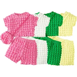 Girl Summertime Wardrobe Essential Round Neck Bubble Tops Shorts and Bag 3-Piece Children Set for Trendy and Comfortable Clothes