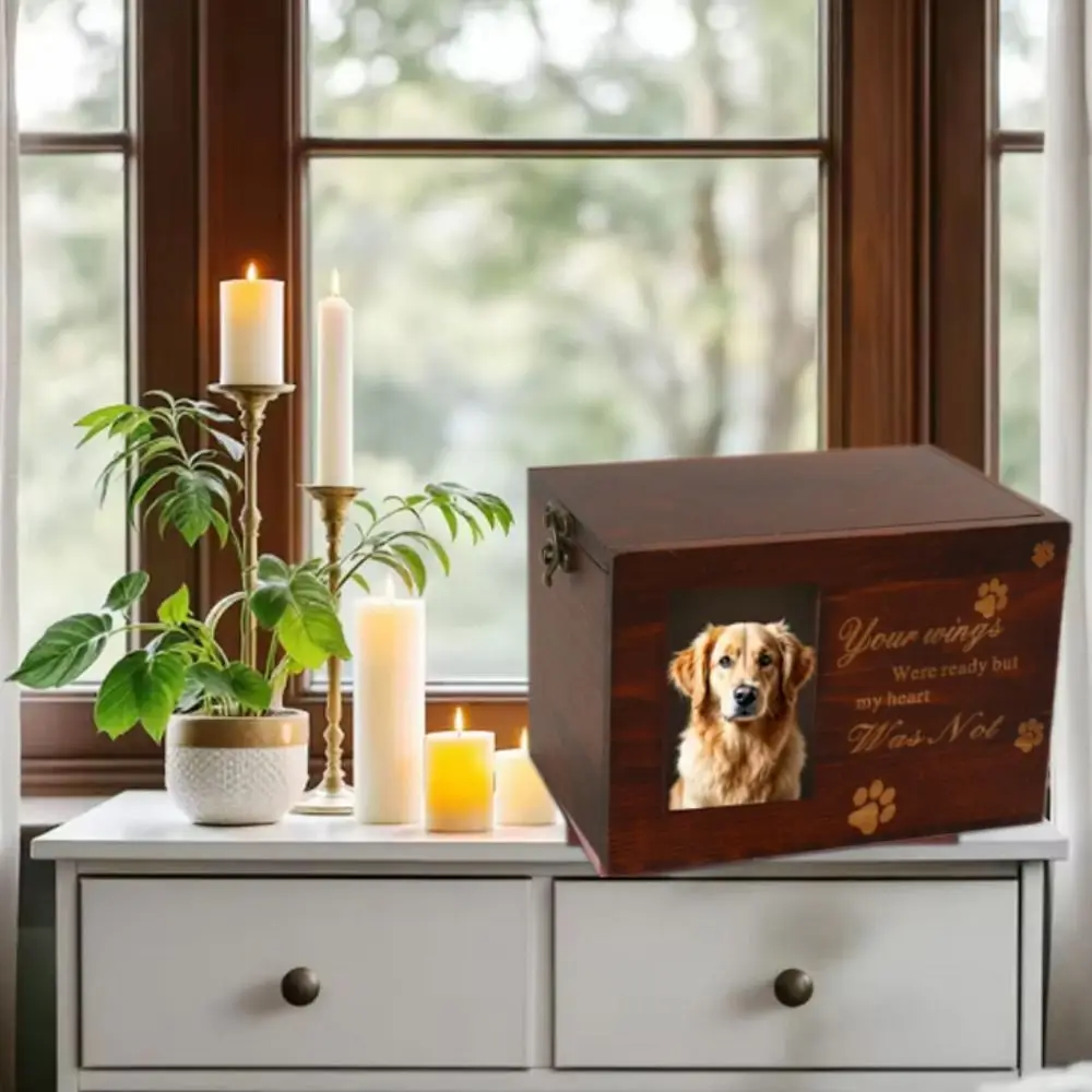 

Durable Personalized Pet Commemorative Urn With Photo Frame Keepsake Pet Ash Box Wooden Eco Friendly Pet Cremation Urn For Dogs