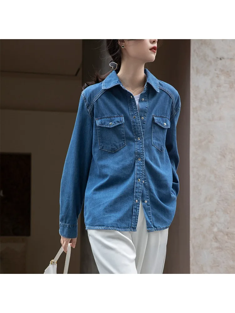 Women Denim Shirt Casual Commute Comfortable Retro Blouse Spring Summer Polo-neck Pockets Single Row Two Buttons Female Clothing