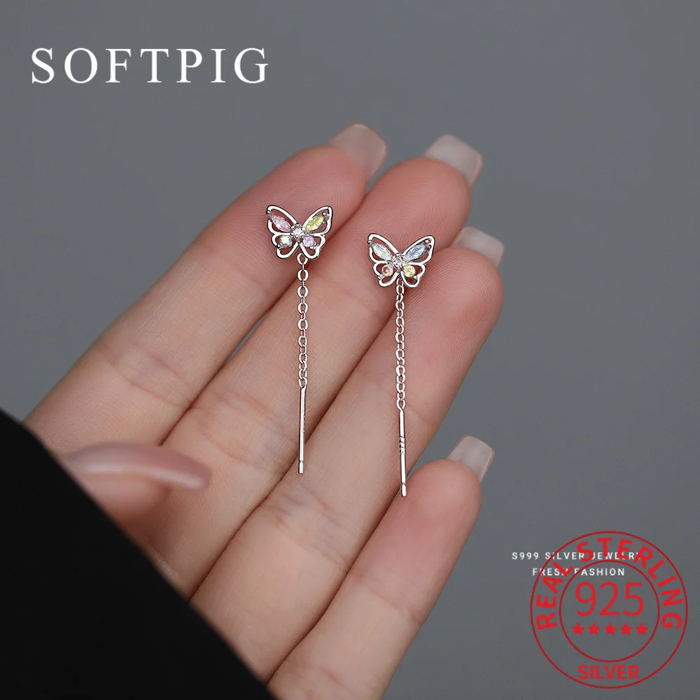 

SOFTPIG Real 925 Sterling Silver Zircon Butterfly Short Tassel Stud Earrings for Women Party Trendy Fine Jewelry Accessories