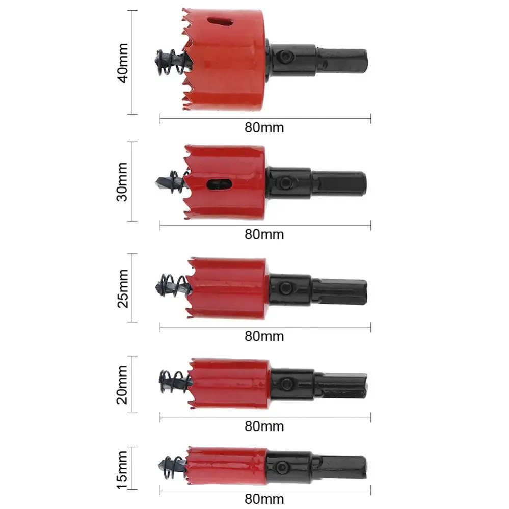 5pcs Hole Saws 15/20/25/30/40mm M42 Bi-metal Hole Saw Drilling Hole Cut Tool with Sawtooth and Spring for PVC Plate/woodworking