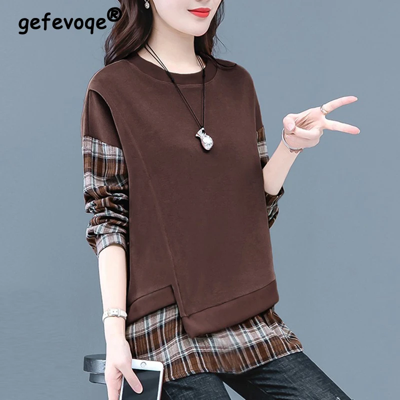 Women Trendy Retro Casual Streetwear Plaid Patchwork Asymmetrical Sweatshirts Y2K Female O Neck Long Sleeve Loose Pullover Tops