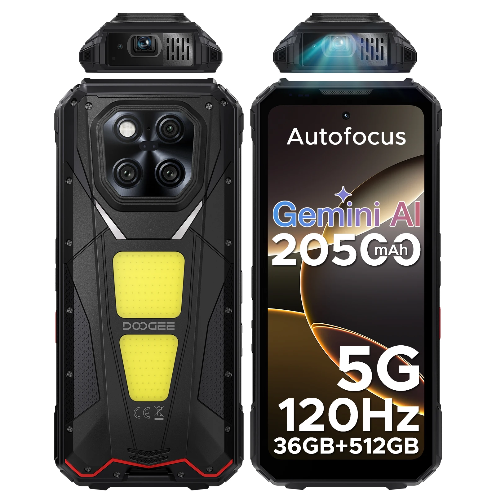 DOOGEE V Max Play Projector Robuuste Telefoon 20500mAh Batterij 1200LM Dubbele Campinglampen 36GB RAM (16+20) 512GB ROM NFC Mobiele telefoon