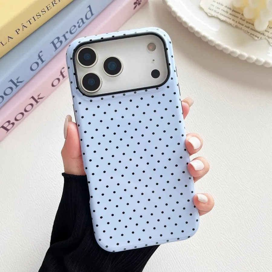 Fashionable Blue Polka Dot Pattern Soft TPU and Hard Back Shockproof Phone Case for iPhone 17 Pro 6.3 inch Aesthetic Design Ide