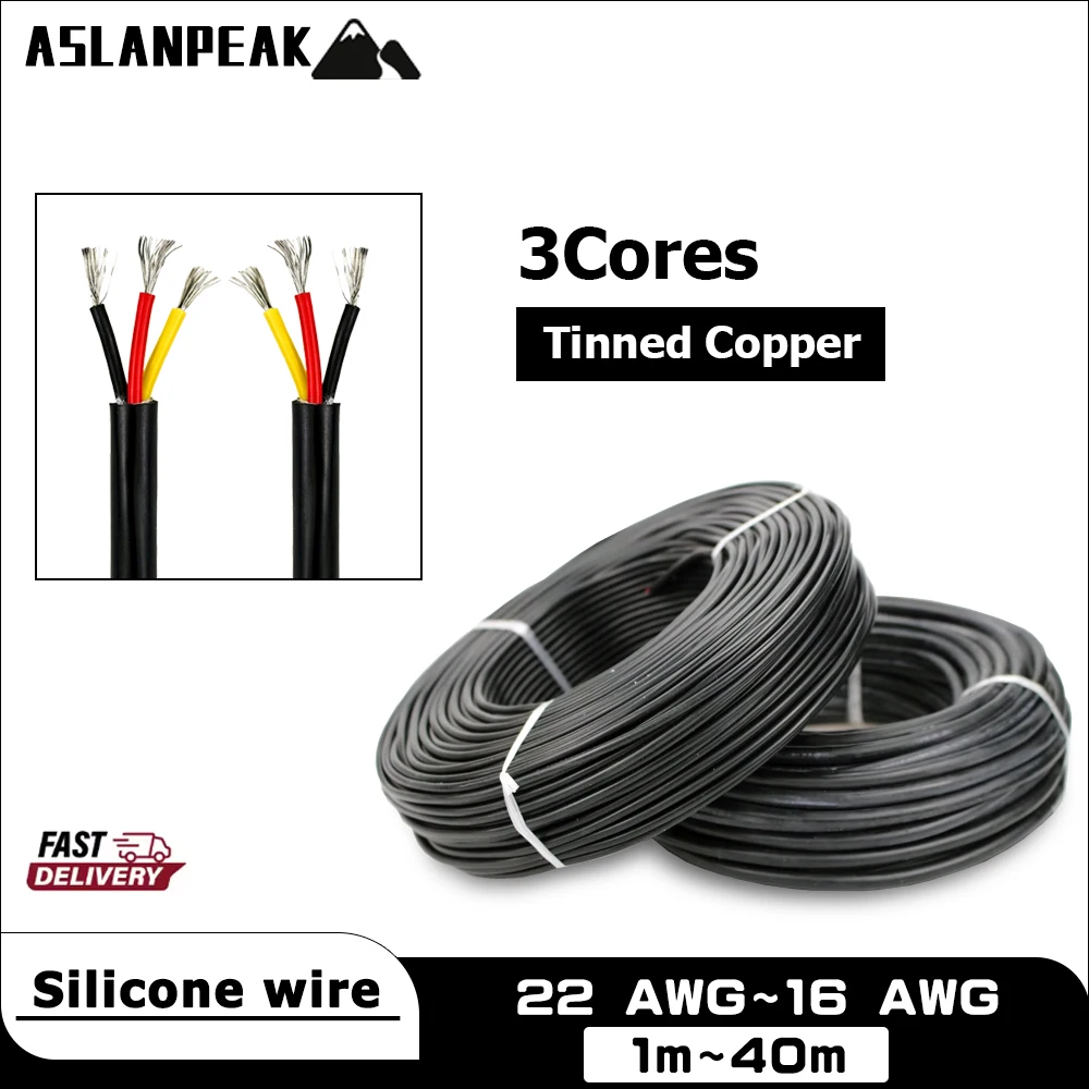 

3Cores Silicone wire 22-16AWG 1-40m Black Jacket cable Heat resistance Tinned copper cable Silicone cable electric flexible wire