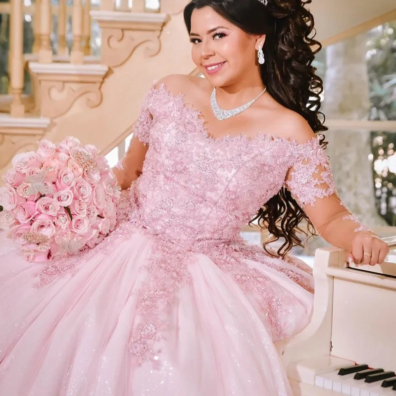 Vestido de baile de princesa brillante rosa, quinceañera, dulce, hombros descubiertos, tren de barrido, apliques, cuentas, tul, 15 niñas