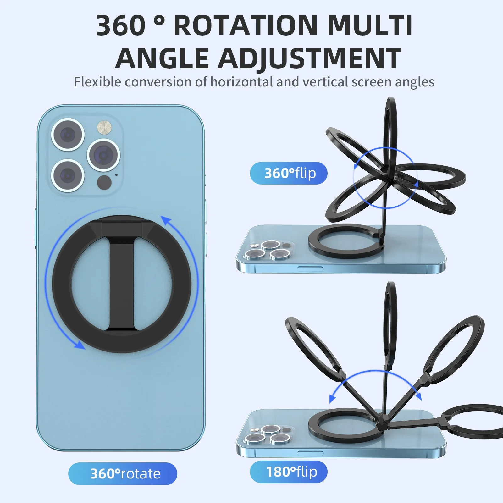 Magnetic Double-Sideded Phone Holder Ring 360 ° Rotation Removable Foldable Phone Stand Magnet Grip for iPhone 15 14 13 Pro Max