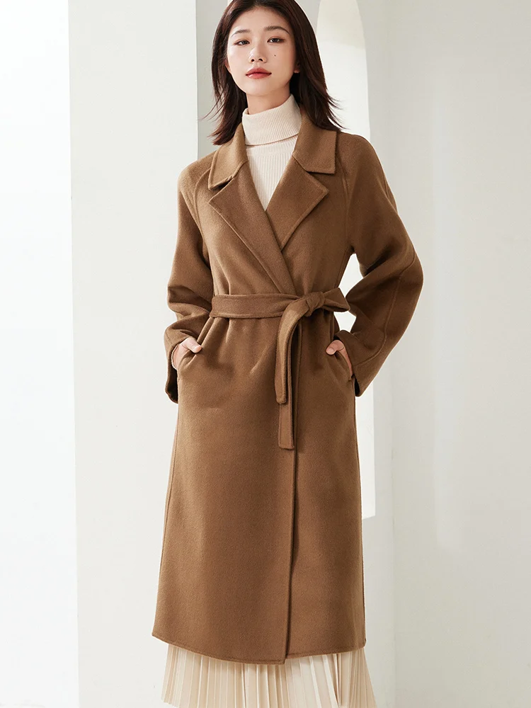 New Buckle-Free Long Women\'s Coat 10% Cashmere Double-Sided Woolen Coat Belt Waist-Tied 90% Wool Top Fall Winter Fashion