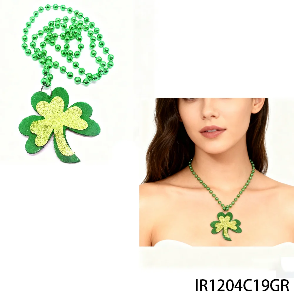 

Clover green bead necklace: a must-have accessory for St. Patrick's Day. Feel the luck of Ireland with every sparkle.