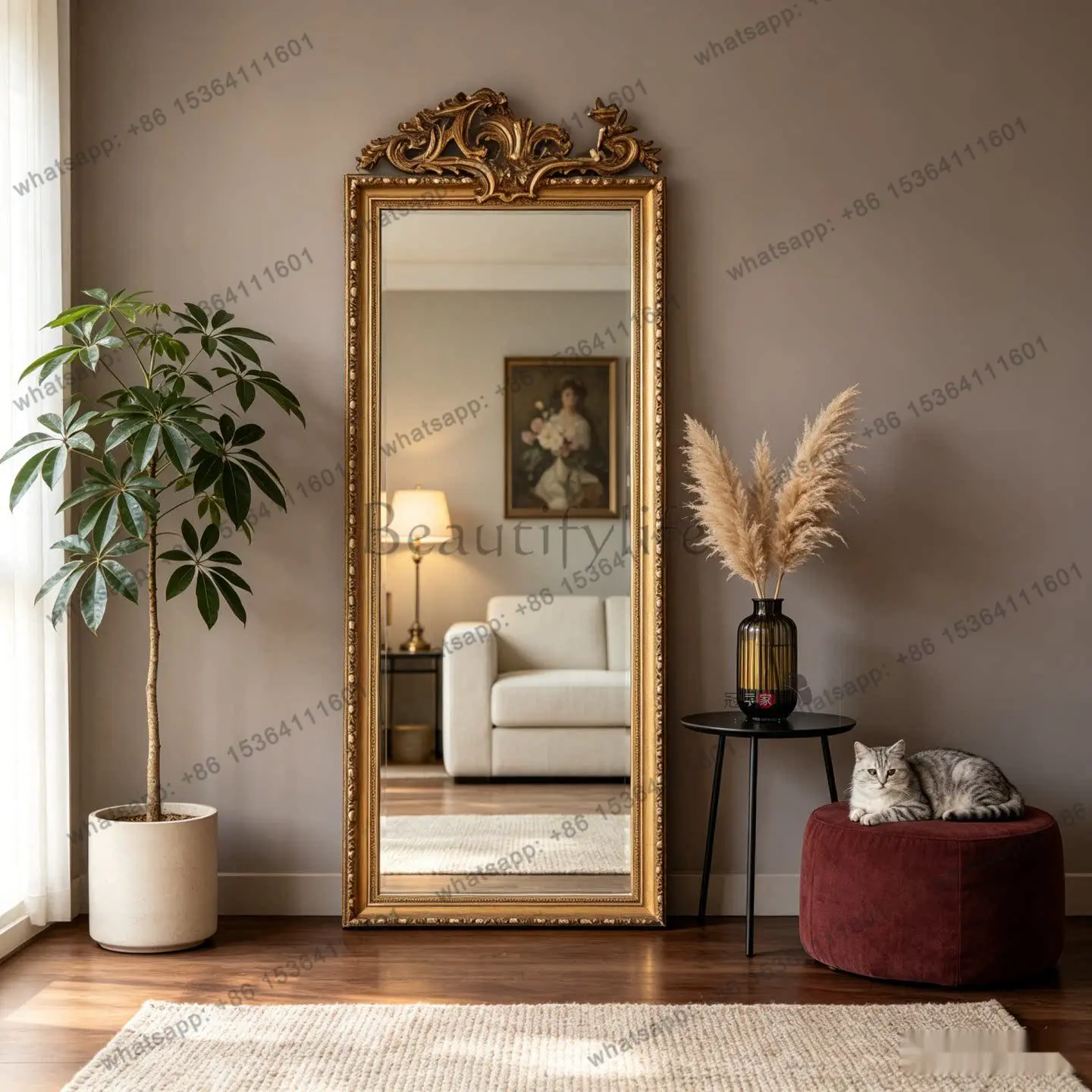 French engraved full-length mirror American living room floor entrance European bedroom cloakroom fitting mirror