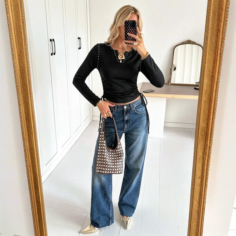 For YYFS Women Long Sleeve T Shirt Autumn Slim Fit Ruched Lace Up V Neck Sexy Top Solid Color Streetwear Blouse