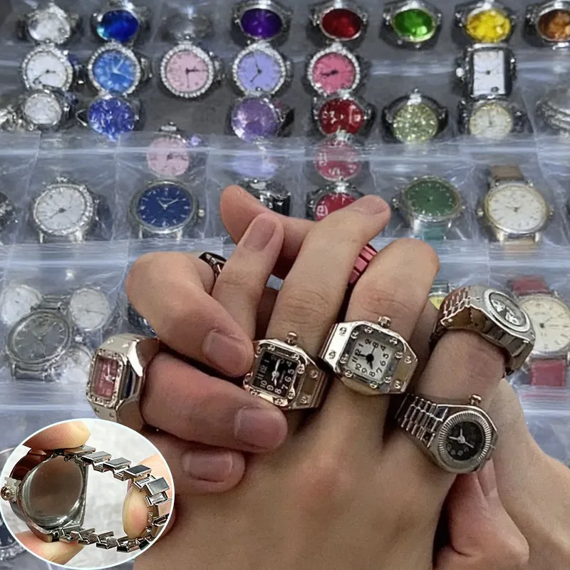 Fashion Mini Quartz Watch Clock Finger Rings for Men Women Metal Alloy Elastic Strap Punk Couple Punk Roman Ring Jewelry Gifts