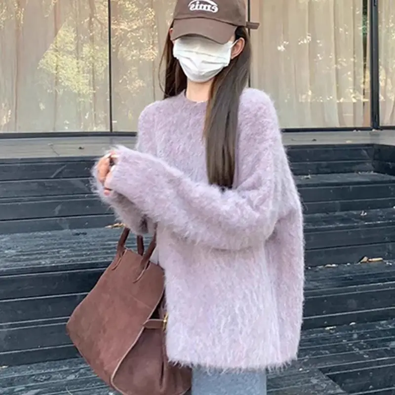Gentle Style Purple Soft Glutinous Sweater Fluffy Imitation Mink Velvet Round Neck Pullover Knit Sweater Underwear Top