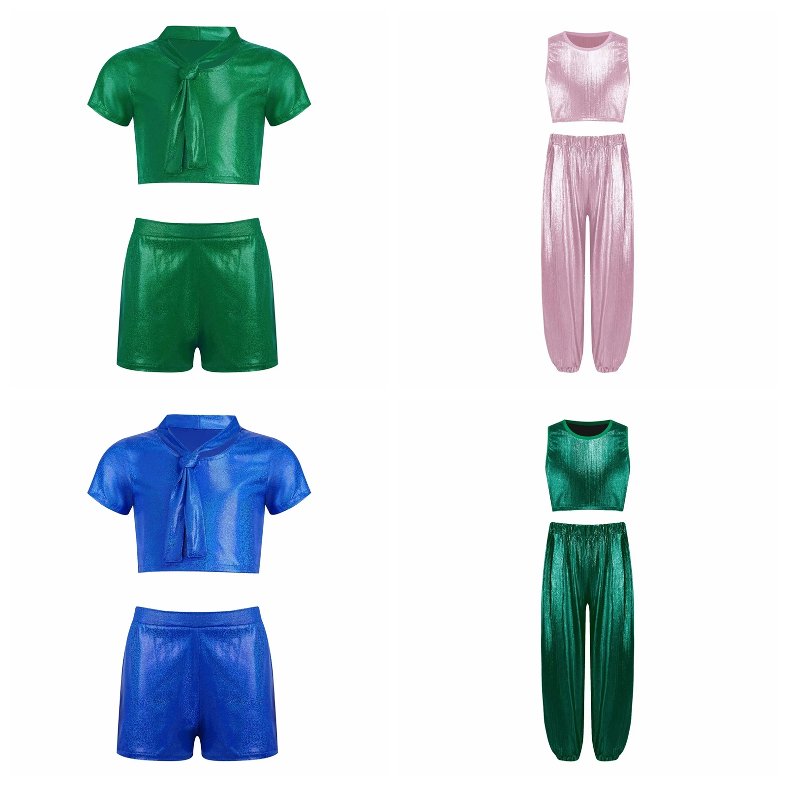 Kids Boys Girls Metallic Dance Outfit Children Short-sleeve Necktie T-shirt + Shorts Suits for Hip Hop Cheerleading Performance
